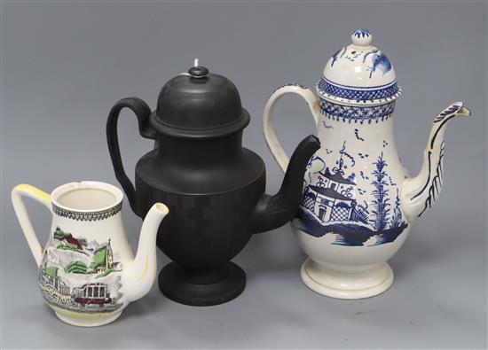 An early Staffordshire coffee pot, a black basalt pot and a railway related coffee pot tallest 27cm